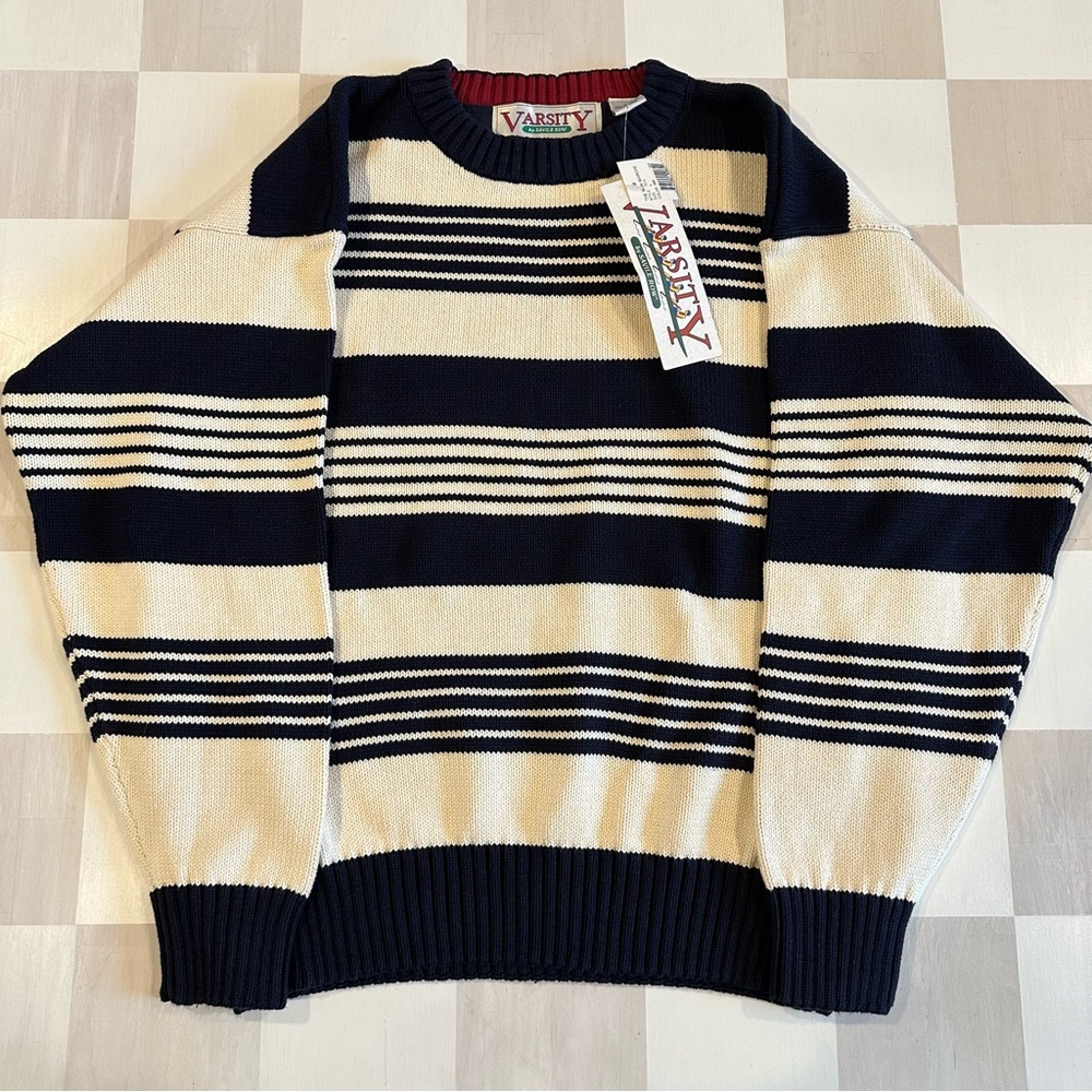 nwt vintage 90s y2k preppy varsity savile row striped navy off white jumper knit